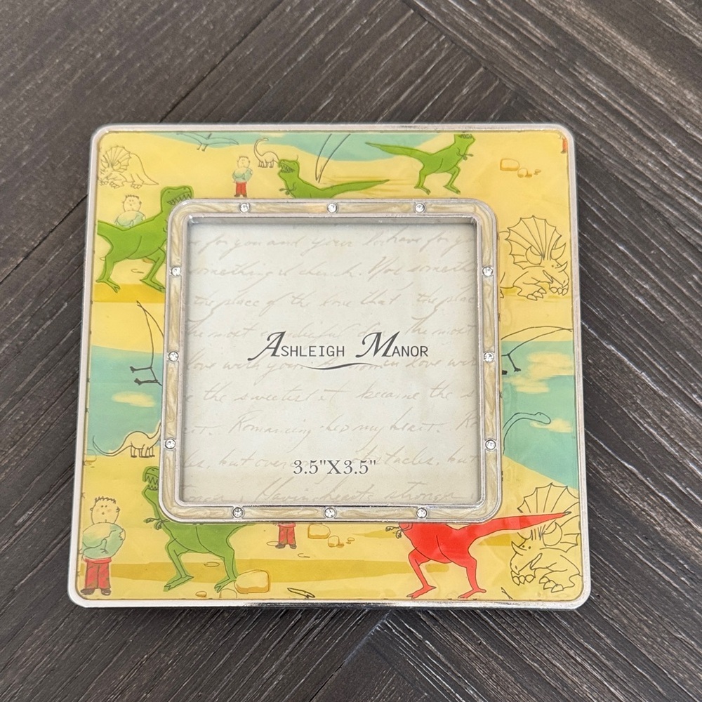 Dinosaur Picture Frame Metal Yellow Green 3.5x3.5 Kids Room Decor Nursery Dino
